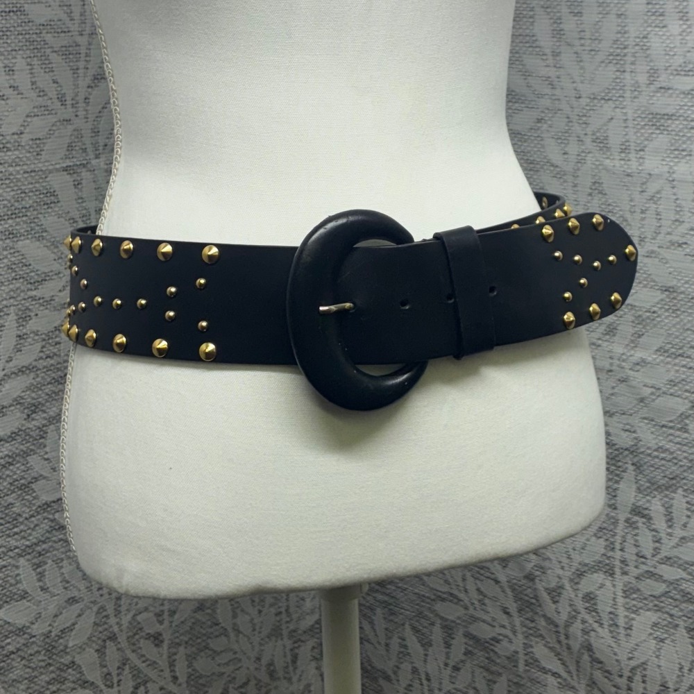 Carlisle Wide Studded Belt Womens M Black Leather Gold Studs Made in Italy